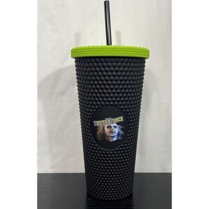Beetlejuice Black Textured Tumbler with lime green‎ top and straw 8" 20 oz